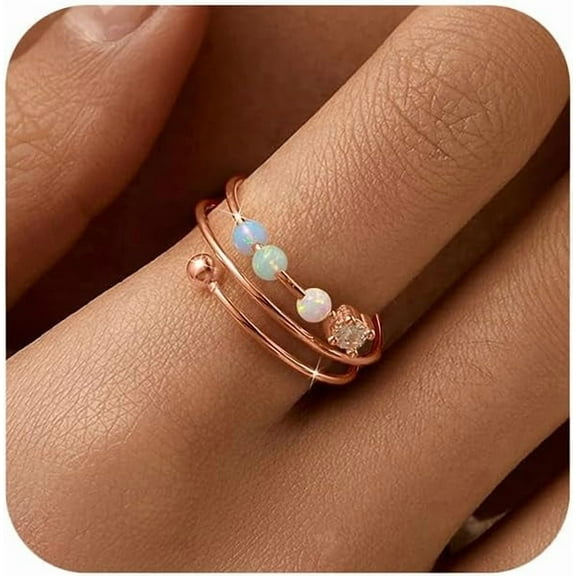 14K Gold Plated Filled Fidget Rings With Opal S925 Sterling Silver Adjustable Open Anxiety Ring for Women Cute Stress Relieving Spinner Ring With Beads Jewelry Christmas Gifts for Mom