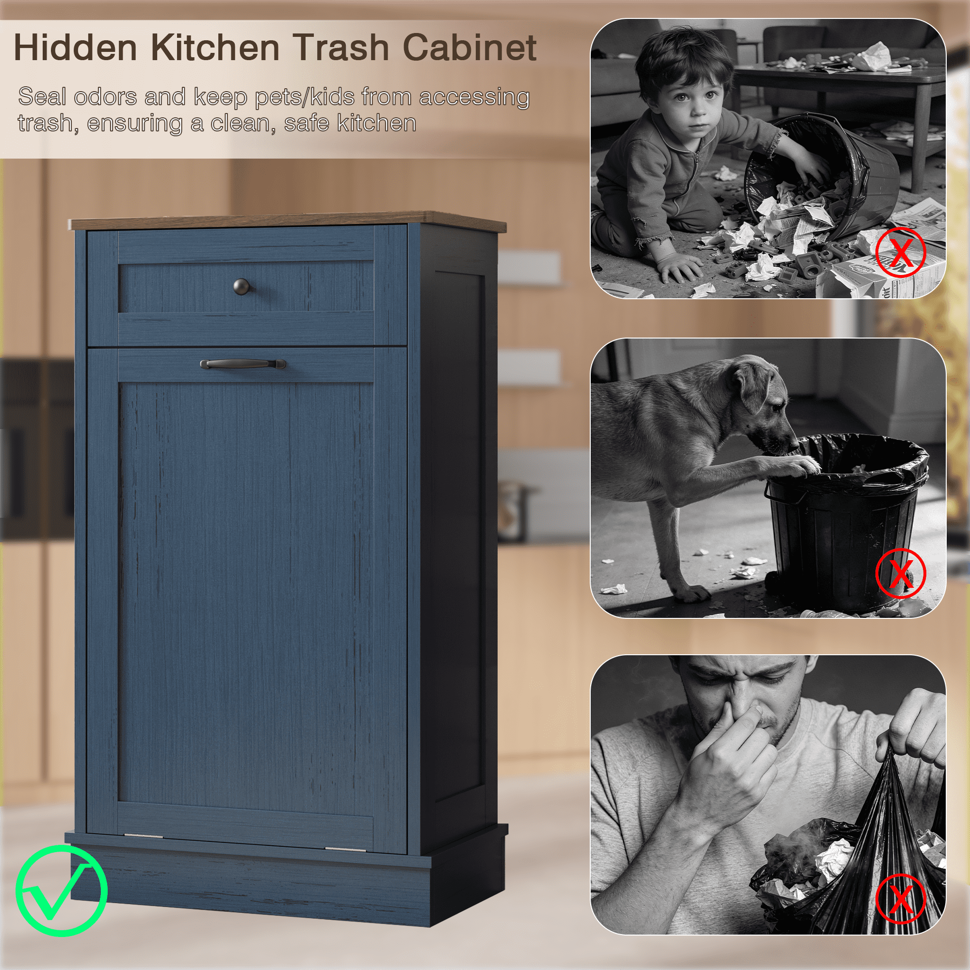 Kigoty Kitchen Trash Can Cabinet, 10 Gallon Tilt Out Trash Canbinet Wood Garbage Hamper Pet Proof, Blue