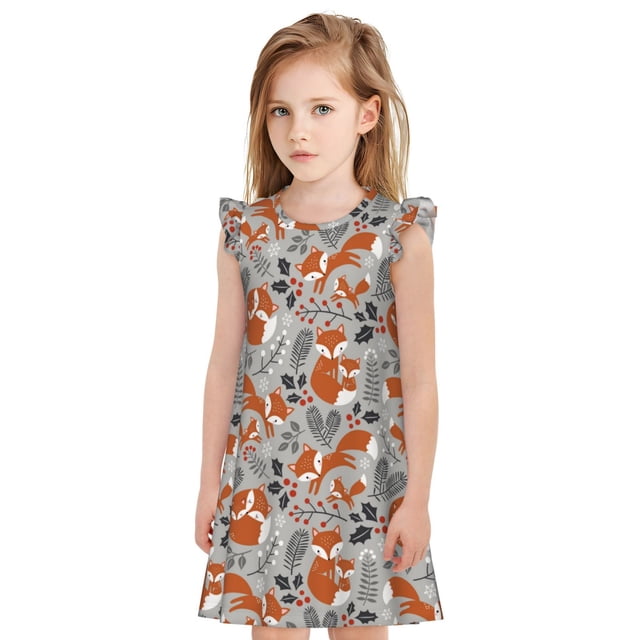 Fotbe Vintage Blue Fox Family A Vestido de Dormir para Niñas de 3 a 10 Años, Mangas Cortas, Estilo Princesa, Pijama Camisón con Mangas Voladas-XX-Large