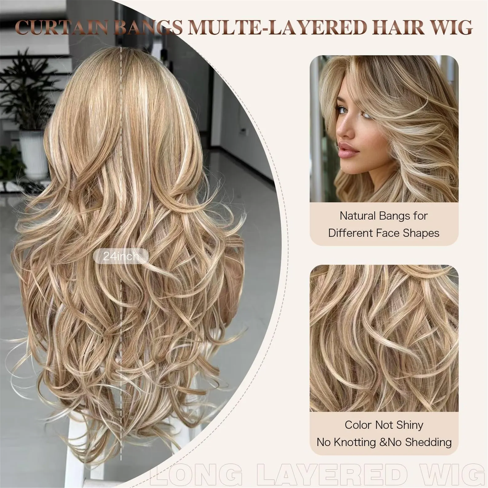 Platinum Blonde Highlight Ombre Light Brown Wig Long Wavy Layererd Wigs with Curtain Bangs for
