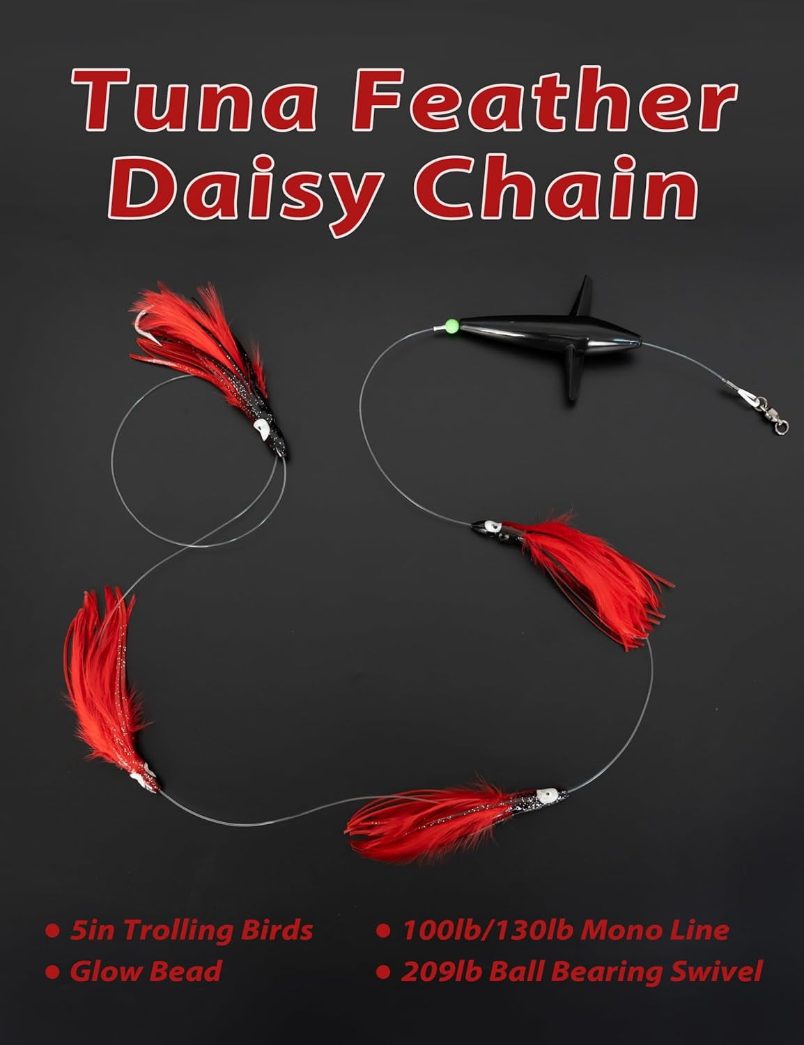 BLUEWING Tuna Feather Daisy Chain Squid Chain Fishing Teaser Lure with 6in Feathered Trolling Squids and Stainless Steel Trolling Hook Big Game Trolling Lure for Tuna Mahi Wahoo Marlin, Black/Red