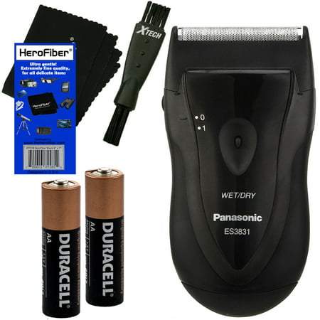 Panasonic ES3831K Wet/Dry Electric Travel Shaver + 2 AA Alkaline Batteries + Double Ended Shaver Brush + HeroFiber Ultra Gentle Cleaning