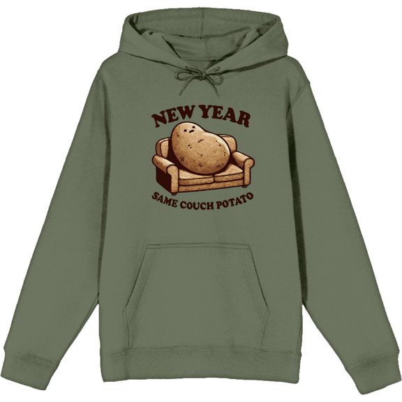 New Year Same Couch Potato Adult Olive Long Sleeve Hoodie-Medium