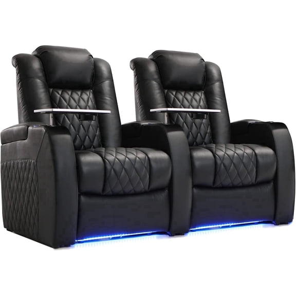 Weilianda Home Theater Seating Top Grain Leather Recliner Chair Dual Power Movie Gaming Sofa Electric Headrest with Tray Table Type-C USB Charge Cup Holders Row of 2 Black