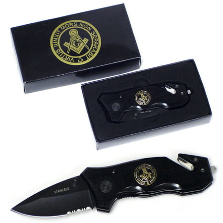 Freemason Mason Folding Black Pocket Knife w/ Seat Belt/Rope Cutter Masonic (Best Seat Belt Cutter Knife)