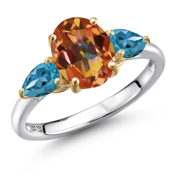 Gem Stone King 925 Silver and 10K Yellow Gold Ecstasy Mystic Topaz and London Blue Topaz Engagement Ring for Women | 2.80 Cttw | Oval 9X7MM | Gemstone November Birthstone | Size 5