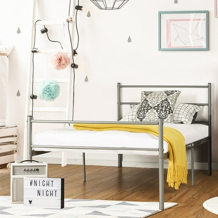 Costway Sliver Twin Size Metal Bed Frame Platform 6 Legs Headboards Furniture
