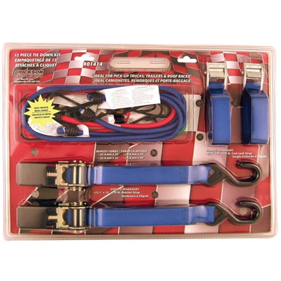 Erickson Tie-Down Kit Assorted Set - Ratchet Straps, Bungee Cords - 12 Piece, Multicolor