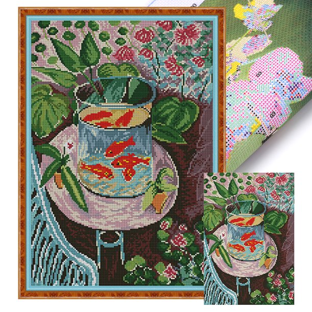 Kit Punto Cruz Cgtredaw Con Pez Rojo Hilo Algodón Ecológico Bordado 14CT 32x45cm