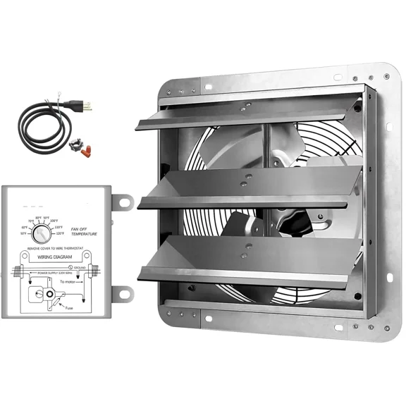 Simple Deluxe 12 Inch Wall Mounted Shutter Exhaust Fan with Temperature Controller and Power Cord Kit, Aluminum, 1600 RPM, 940 CFM, for Attic, Garage, Louvered Vent, Plant, Greenhouse, Silver