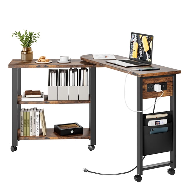 Sofa Table 360°Rotating Tabletop End Table, 2-Tier Side Table with Charging Station and Side Storage Pocket. Sturdy End Table for Living Room, Bedroom