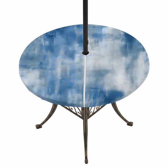 Round Outdoor Tablecloth with Umbrella Hole and Zipper, Abstract Blue Tablecloth with Elastic Waterproof, Modern Simple Painting Art Patio Table Covers for 31" - 35" Picnic Pool Tables