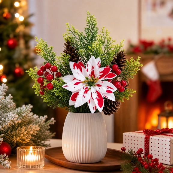 Artificial Christmas Poinsettia Bouquet with Berries, Pine Branches and Pinecones, Festive Floral Decor for Home, Storefronts and Window Displays