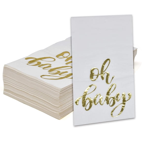 Gift Boutique Baby Shower Guest Napkins, Oh Baby Gold Foil Disposable Paper Hand Napkins, 3-Ply, 100 Count, White and Gold, Gender Reveal Party Decor