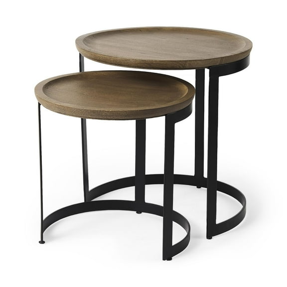 Aisley 19.3L x 19.3W x 19H Brown Wood W/ Black Metal Nesting Side Tables