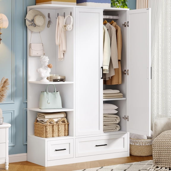 ChicZhiNest Armoire Wardrobe Closet with 2 Drawers, 70" Large Wardrobe Armoire with Hanging Rod & 3 Side Shelves, Wooden Armoire Storage with 5 Hooks for Bedroom, White