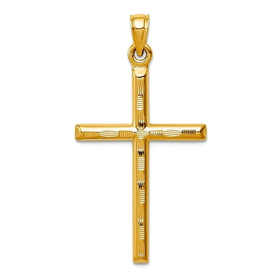 14k Solid Yellow Gold Hollow Sparkle-Cut Religious Faith Cross Pendant Necklace 37mm long Pendant for Women