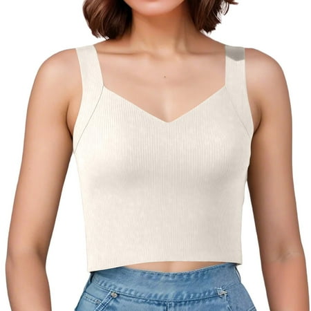 XADYUY Built In Bra Tank Tops for Teens Girls Double Lined V Neck Undershirts Sleeveless Slim Fit Sports Yoga Tank Tops Basic Wide Strap Compression Tanks White One Size