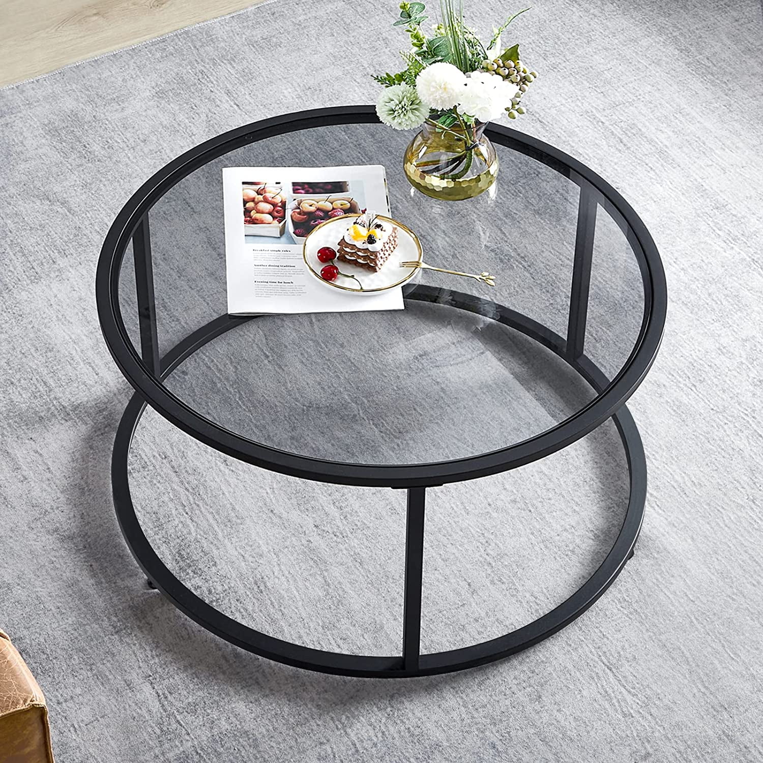 GUAIPOU Glass Coffee Table Round Modern Coffee Tables Small Mid Century ...