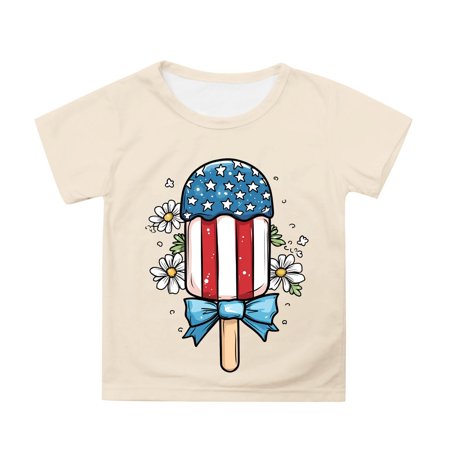 Xijirk Girls Shirts Red White Blue Independence Day Print Short Sleeve Tee Comfortable Round Neck Blouse for Everyday Wear Party Celebrations Boys Shirts 6-7 Years Light Yellow