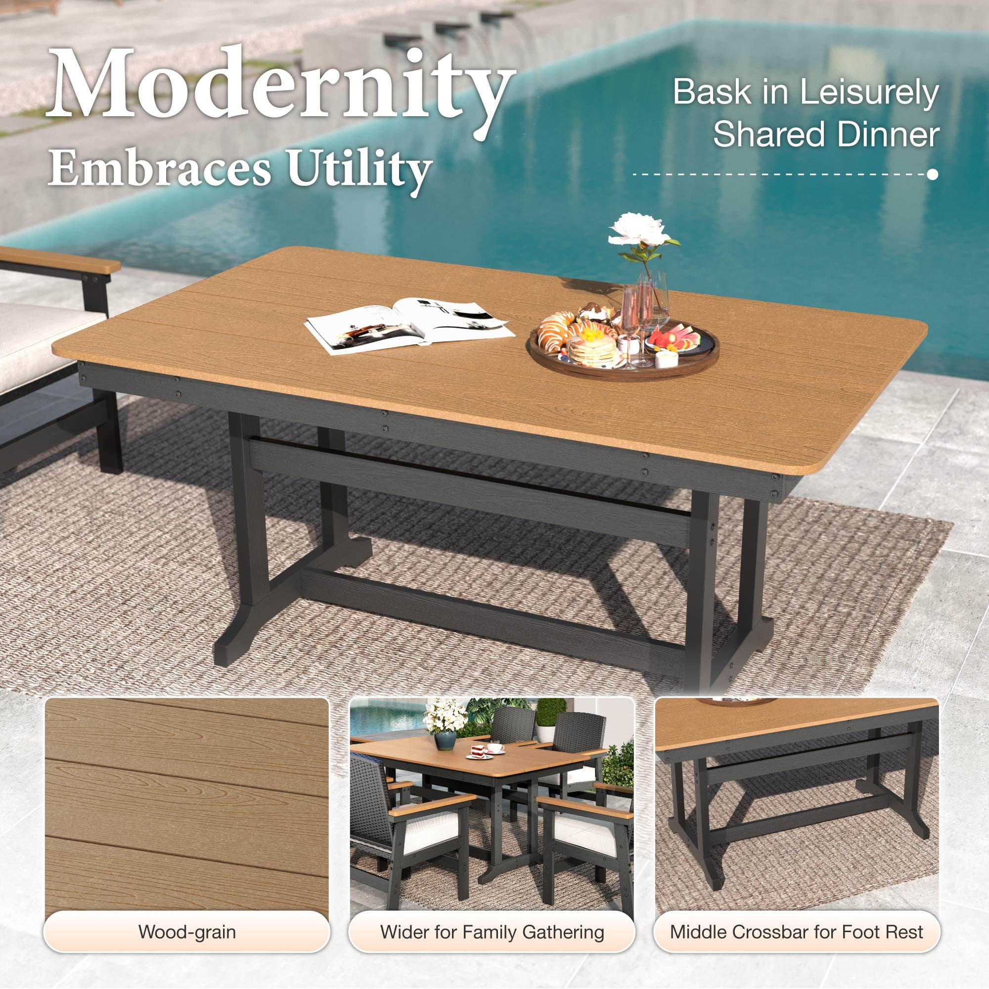 MF Studio 7-Piece Patio Furniture Dining Set, HDPE Outdoor Table & 6 Wicker Chairs with 3.2" Cushions, Black