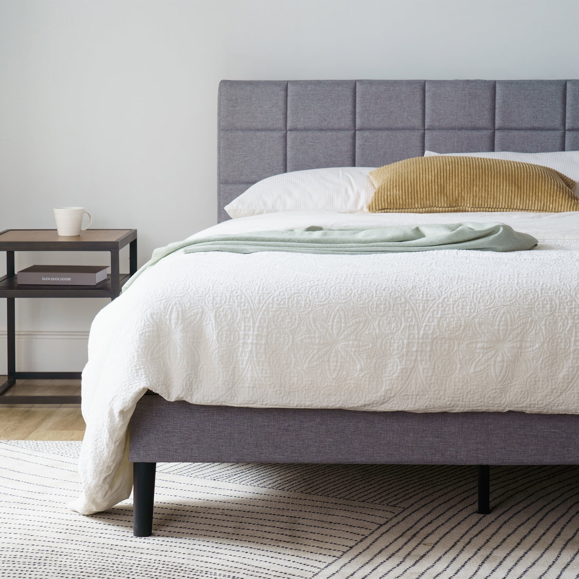 Mainstays Gray Upholstered Square Tufted Platform Bed, King, No Box Spring Needed