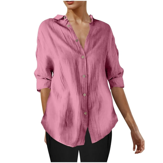 Timegard 3/4 Length Sleeve Tops for Women Button down Shirts Lightweight Solid Color Casual Work Blouse