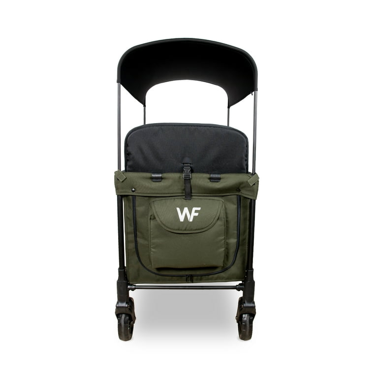 WONDERFOLD W4 4 Seater Multi-Function Quad Stroller Wagon with Removable Raised Seats and Slidable Canopy, Olive Green