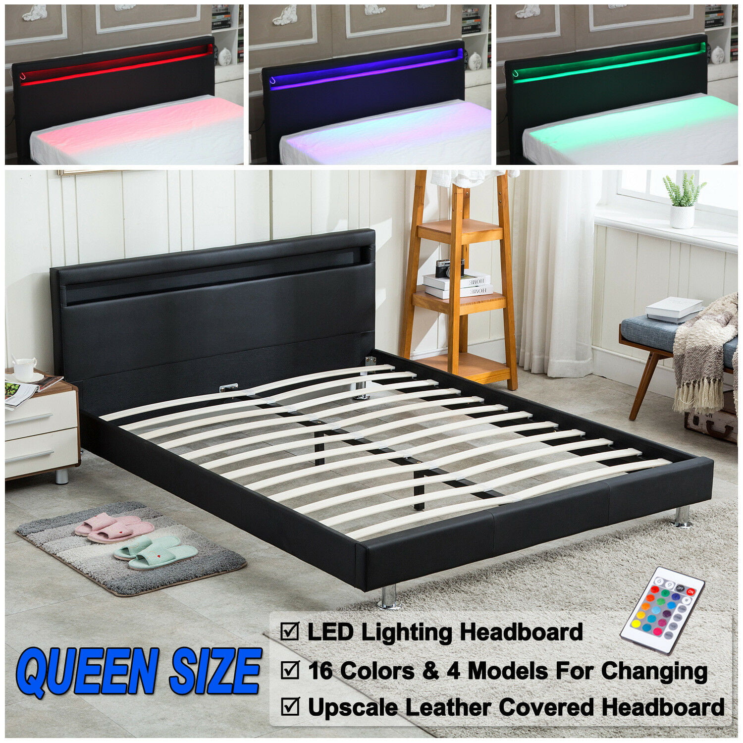 Queen Size Modern Bedroom Platform Bed Frame Headboard LED Light Steel Legs 