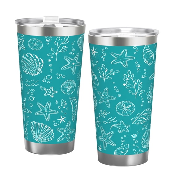 20oz Ocean Seashell Tumbler with Handle and Straw Stainless Steel Insulated Car Cup Travel Coffee Cup Beach Gift with Double Silver Rim