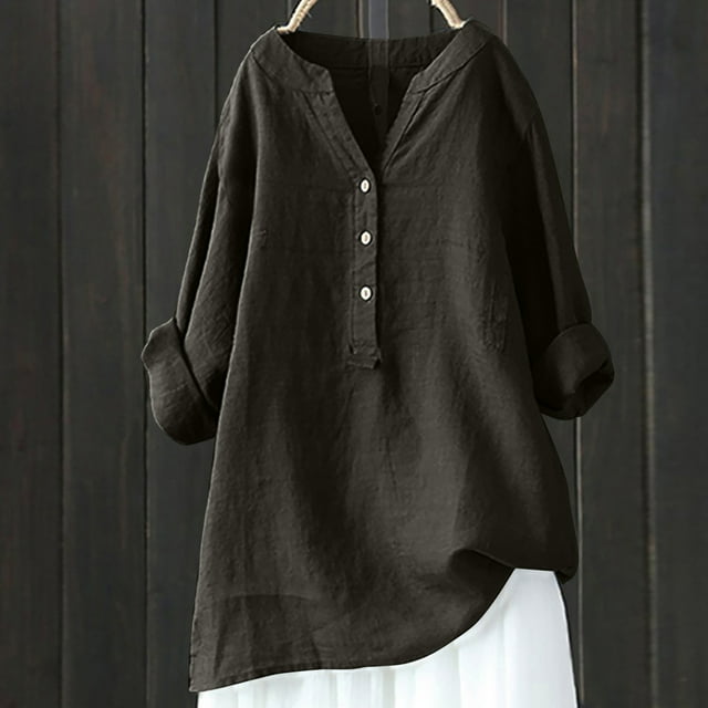 Meichang Womens 3/4 Sleeve Shirts Solid Color Cotton Linen Basic T Shirts Button Up V Neck Henley Shirts 2025 Summer Tops Plus Size Blouses