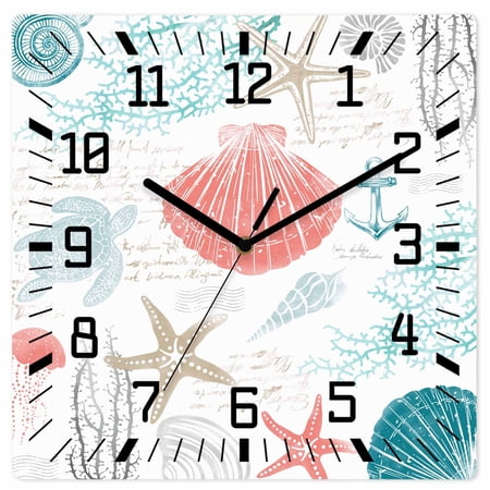 Teal Red Coastal Nautical Wooden Wall Clock Silent Non Ticking, Beach Sea Turtle Ocean Coral Starfish Square Wall Clocks Battery Operated, Decor Clock for Home Office, Living Room, Kitchen, 10 Inch