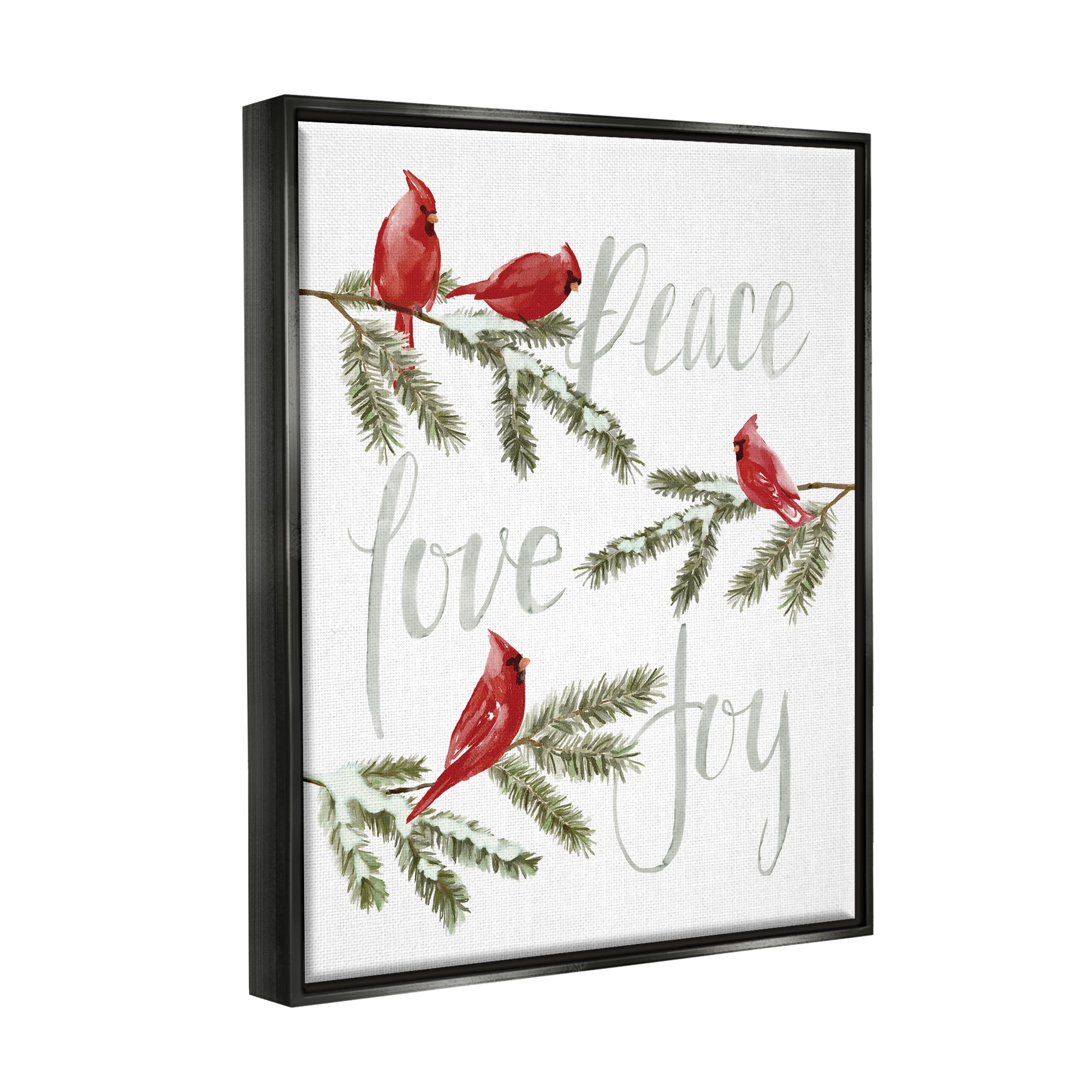 Stupell Industries Peace Love Joy Cardinals Holiday Painting Black Floater Framed Art Print Wall Art, 25 x 31