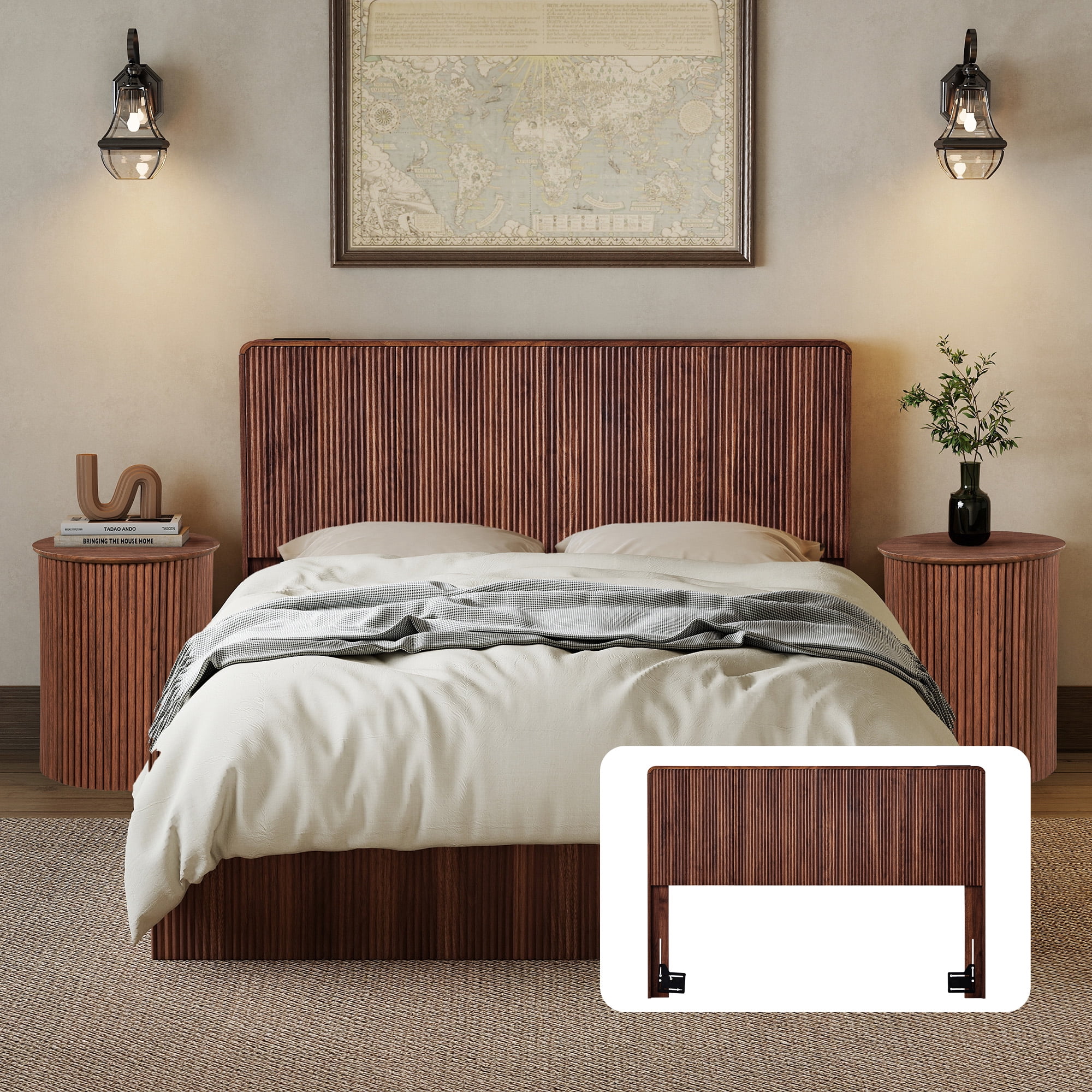 YOCWO Headboard for Queen Size Bed with Charging Station, Fluted Grooved Panel Head Board with Rounded Corners, Walnut, Headboard Only(Bed Frame Not Included)