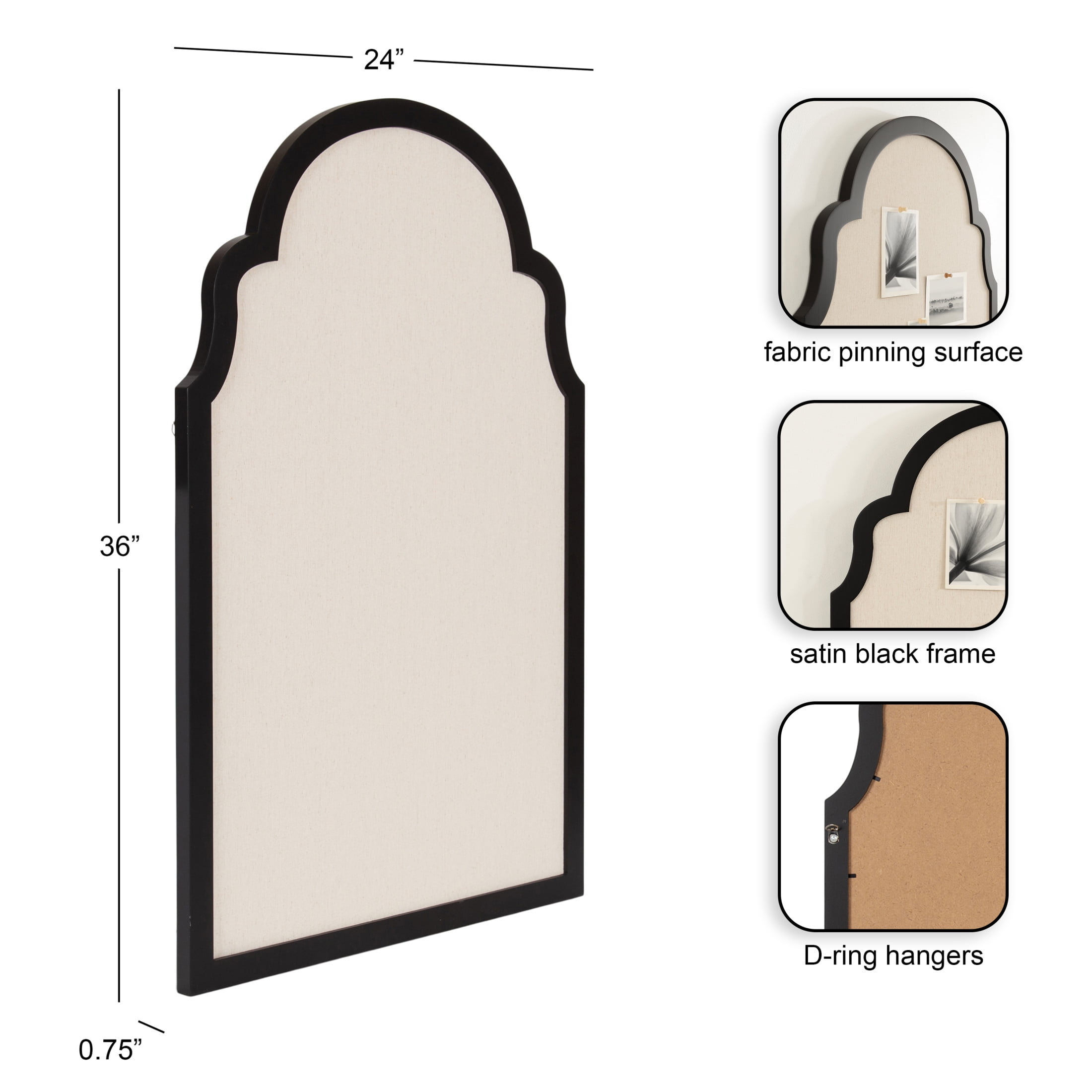 Kate and Laurel Holbrook Glam Framed Moroccan Arch Fabric Pinboard, 24 x 36, Black, Decorative Modern Scallop Arched Bulletin Board for Use as Vision Board or Wall Organization