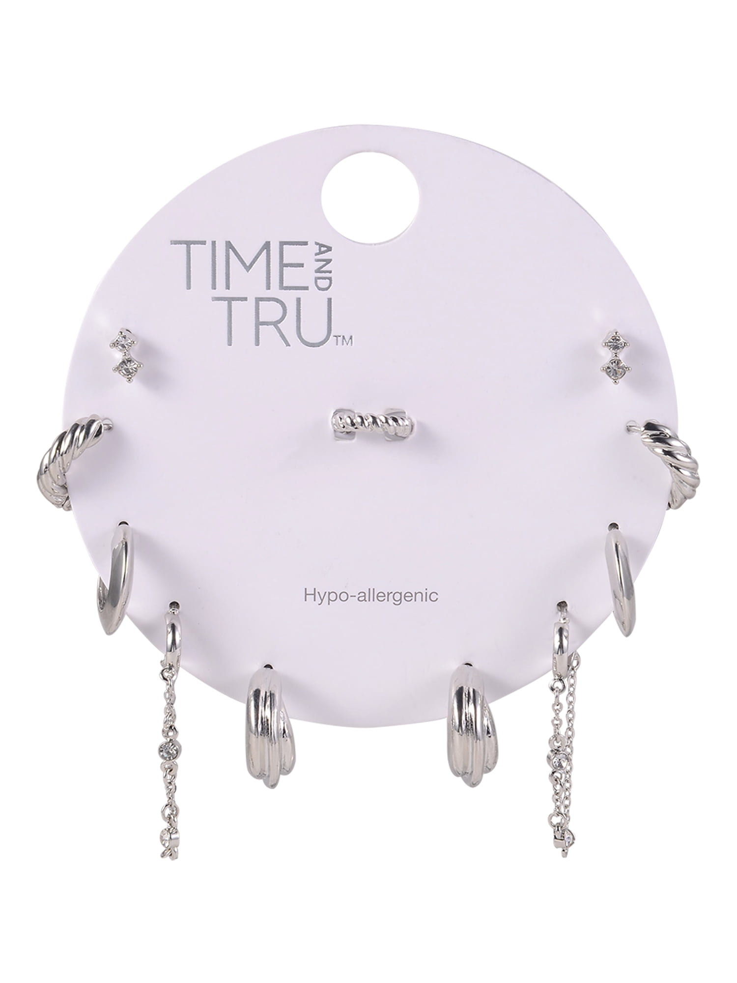 Time and Tru Adult Female Silver-Tone Crystal Stone Cable Chain Dangle and Textured Hoop Multi Stacker Earring Set