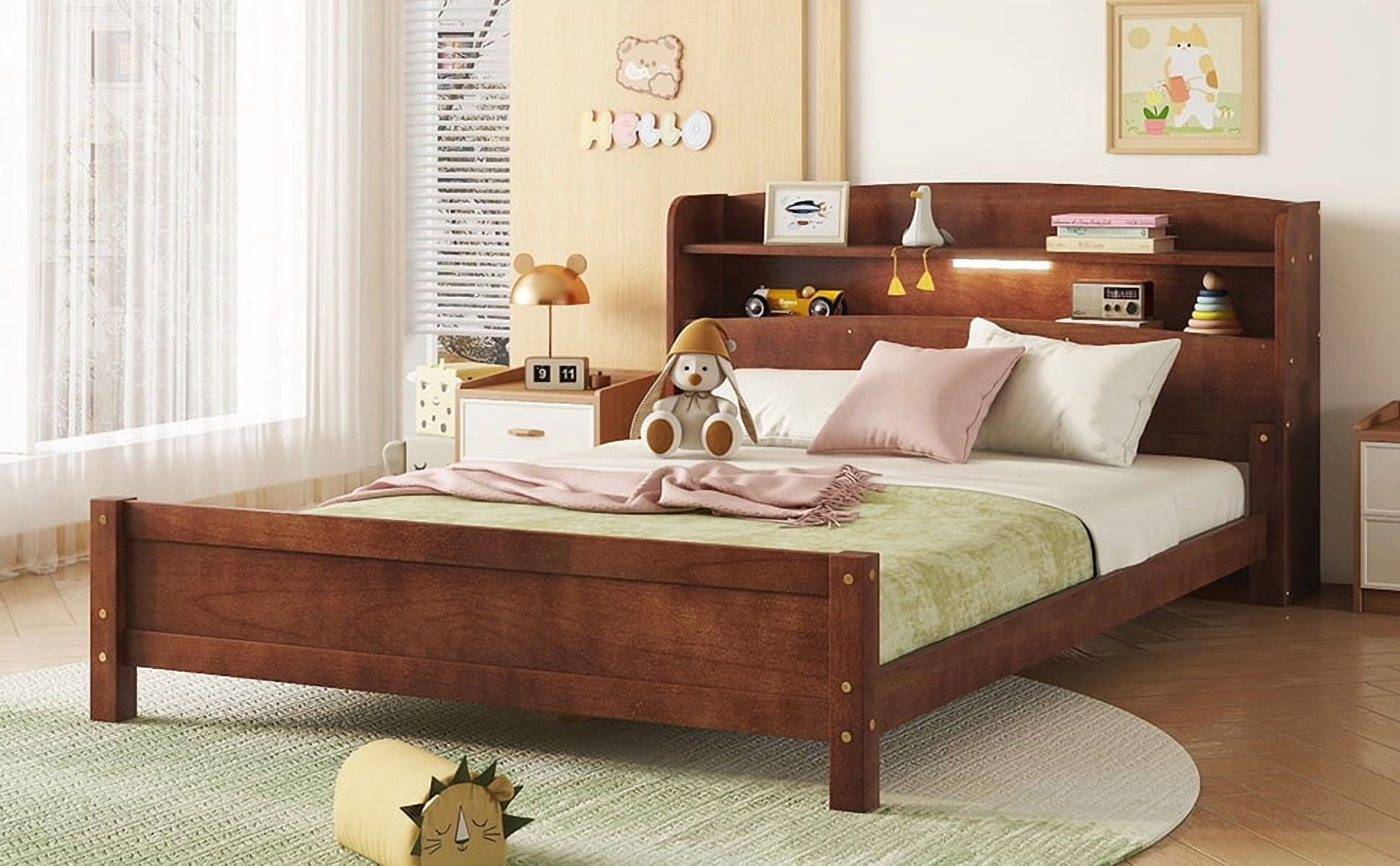 Sailvan Full Pine Wood Bed with Bookcase Headboard, LED Motion Sensor Light & Bed Guardrails