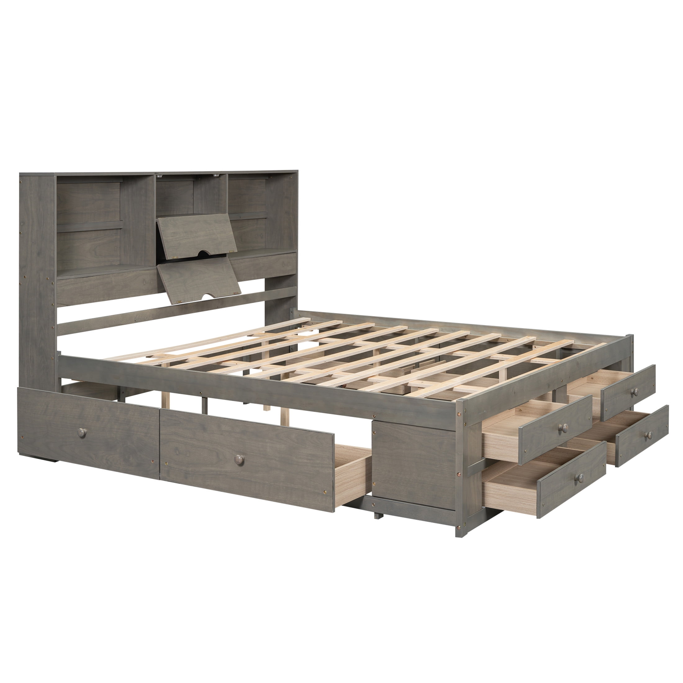 Noble House Solridge King Size Platform Bed with Bookcase Headboard and Storage Drawers, Solid Wood Frame, Gray
