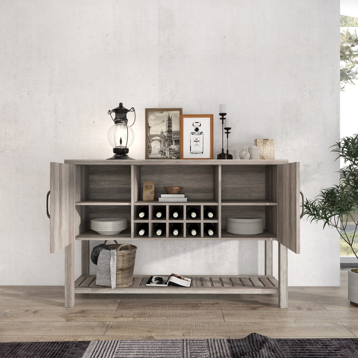 Kadyn 52 Inch Console Cabinet, Particle Board Storage Cabinet with Wine Cabinet, Media Entertainment Center Cabinet Console Table for Dining Living Room, Antique Gray Kadyn 52 Inch Console Cabinet, Particle Board Storage Cabinet with Wine Cabinet, Media Entertainment Center Cabinet Console Table for Dining Living Room, Antique Gray