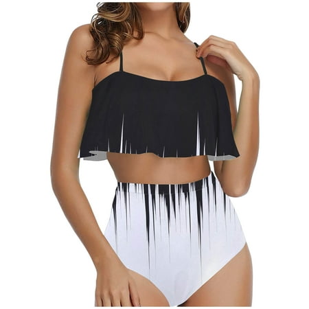 TrendVibe365 Bikinis for Women One Piece White Two Piece Swimsuits High Waisted Thong Adjustable Shoulder Strap Ruffles Bandeau Bathing Suits Gradient Swimwear Beachwear XL