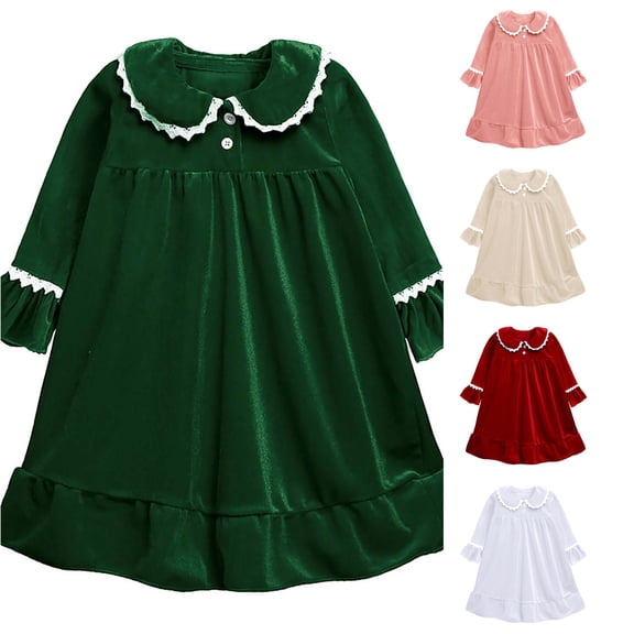 FYDUU Girls Nightgowns Christmas Dress Velvet Warm Long Sleeve Pajama Dresses Princess Nightdress Peter Pan Collar Ruffle Holiday Party Sleepwear