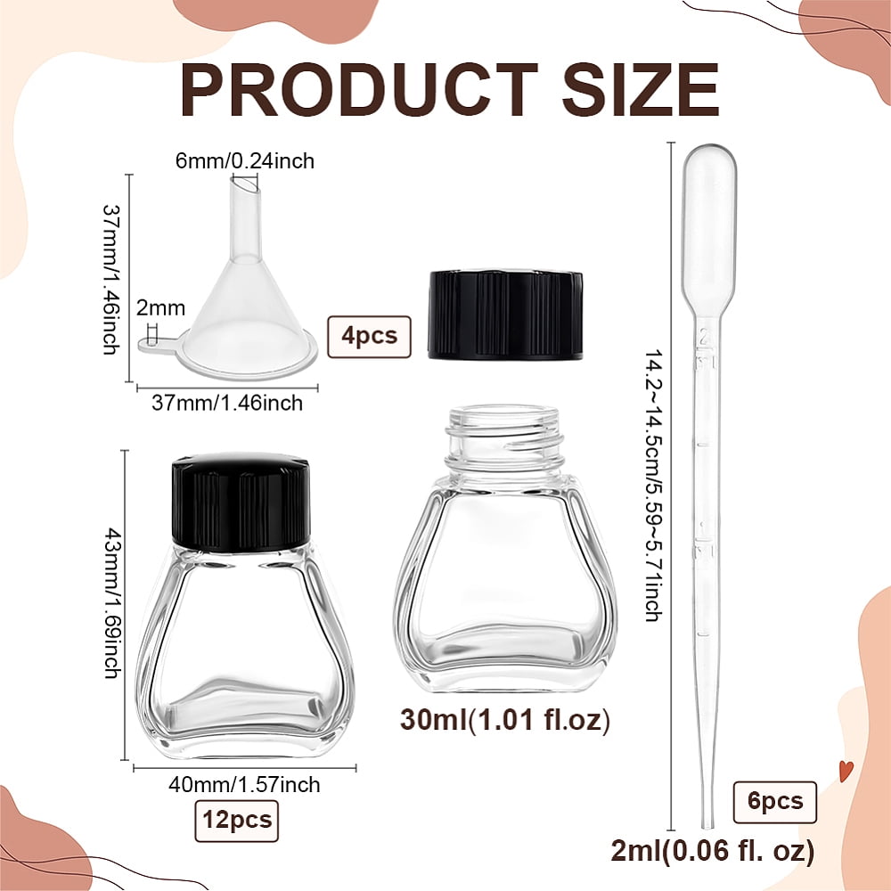 Glass Fountain Pen Ink Bottle with Plastic Bottle Cap Funnel Hopper Dropper Clear 4x4.3x5.7cm Capacity: 30ml(1.01fl. oz) 12pcs for making