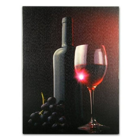 Wine Themed LED Canvas Print - Red Wine Bottle and Wine Glass with Red