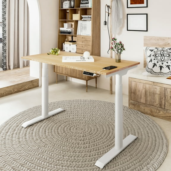 FLEXISPOT 48"x24" Dual Motors 3-Stage Height Adjustable Standing Desk Ergonomic Home Office Sit Stand Desk with USB Port, Bamboo Rectangle Desktop White Oval Frame