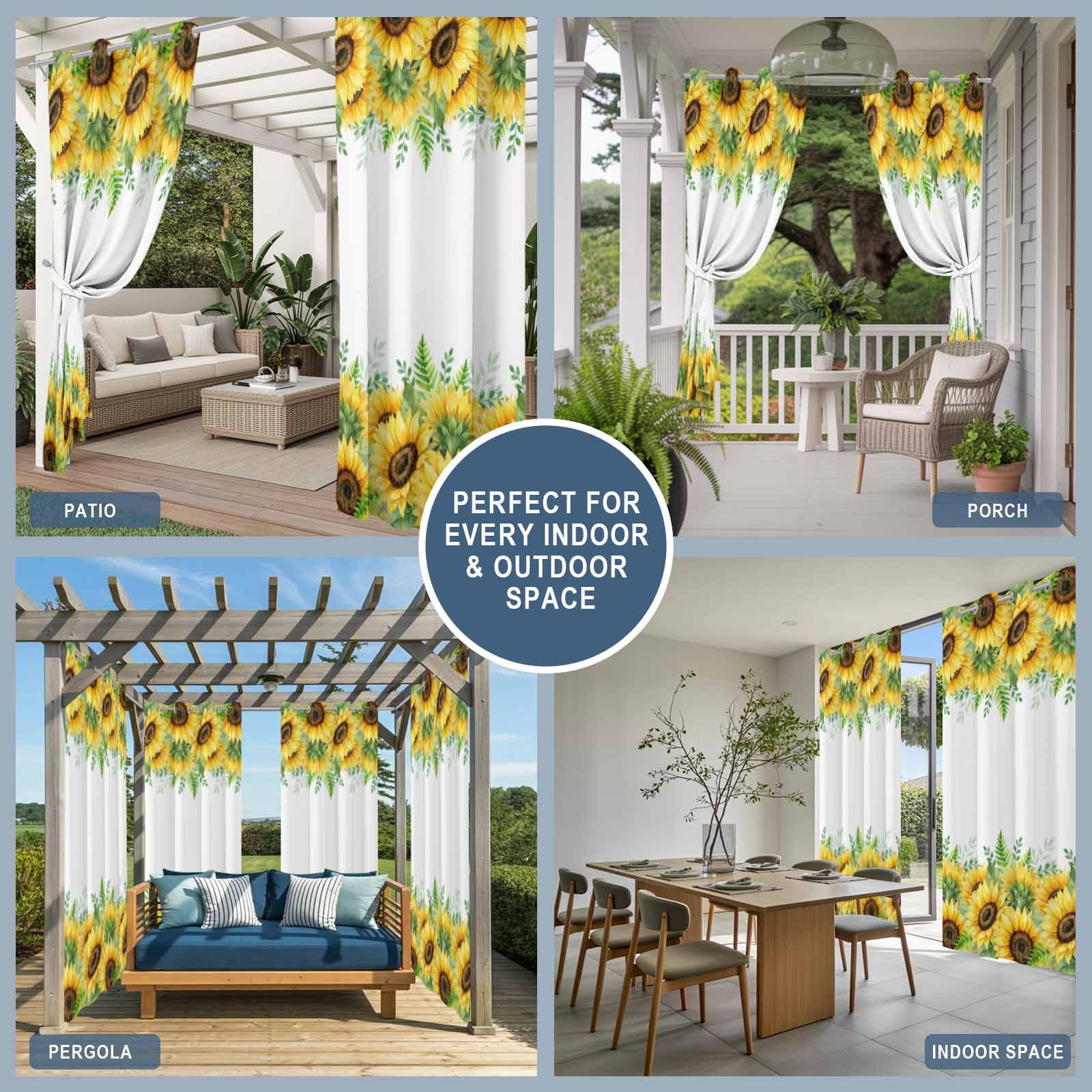 Summer Sunflower Outdoor Curtains 1 Panel Country Vintage Farm Yellow Flower Green Leaf Waterproof Weatherproof Privacy Curtain Thermal Outside Drape for Porch Pergola Patio 54 x 108 Inch