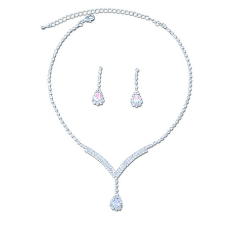 - Silver Crystal Rhinestone V Neck with Dangle Aurora Borealis Teardrop Necklace and Matching Drop Earrings Jewelry Set