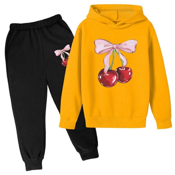 Bobifish Big Girls Outfit Sets Pink Bow Cherry Long Sleeve Hoodie With Jogger Pants Graphic Pocket Elastic Waist Soft Casual Playdate Sweet Kids Outfit Set
