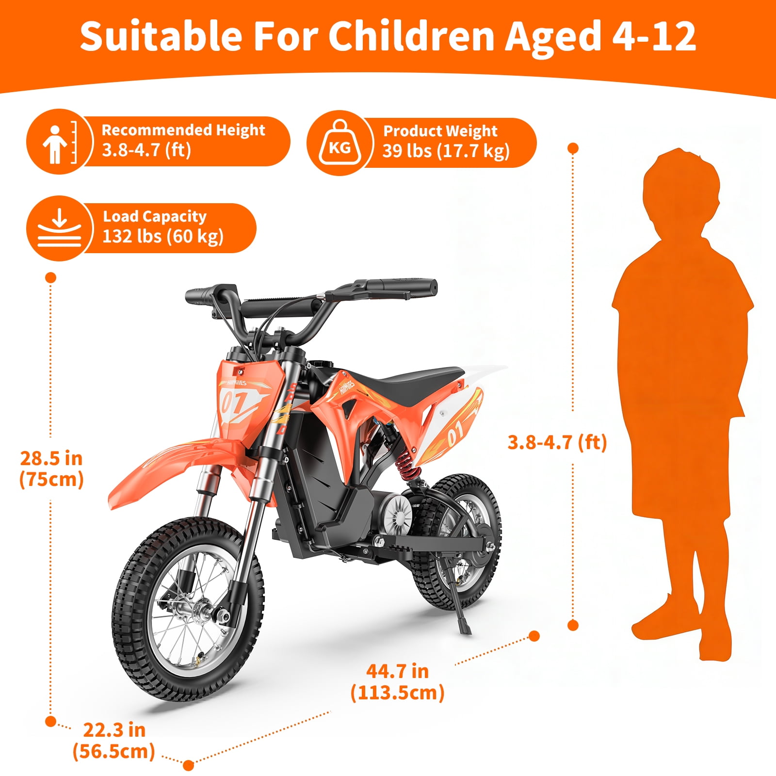 Kids Dirt Bike 36V 350W Electric Off-Road Motorcycle–15.5 mph Max & 11.2 Mile Range,3-Speed Ride-On for Ages 4-8