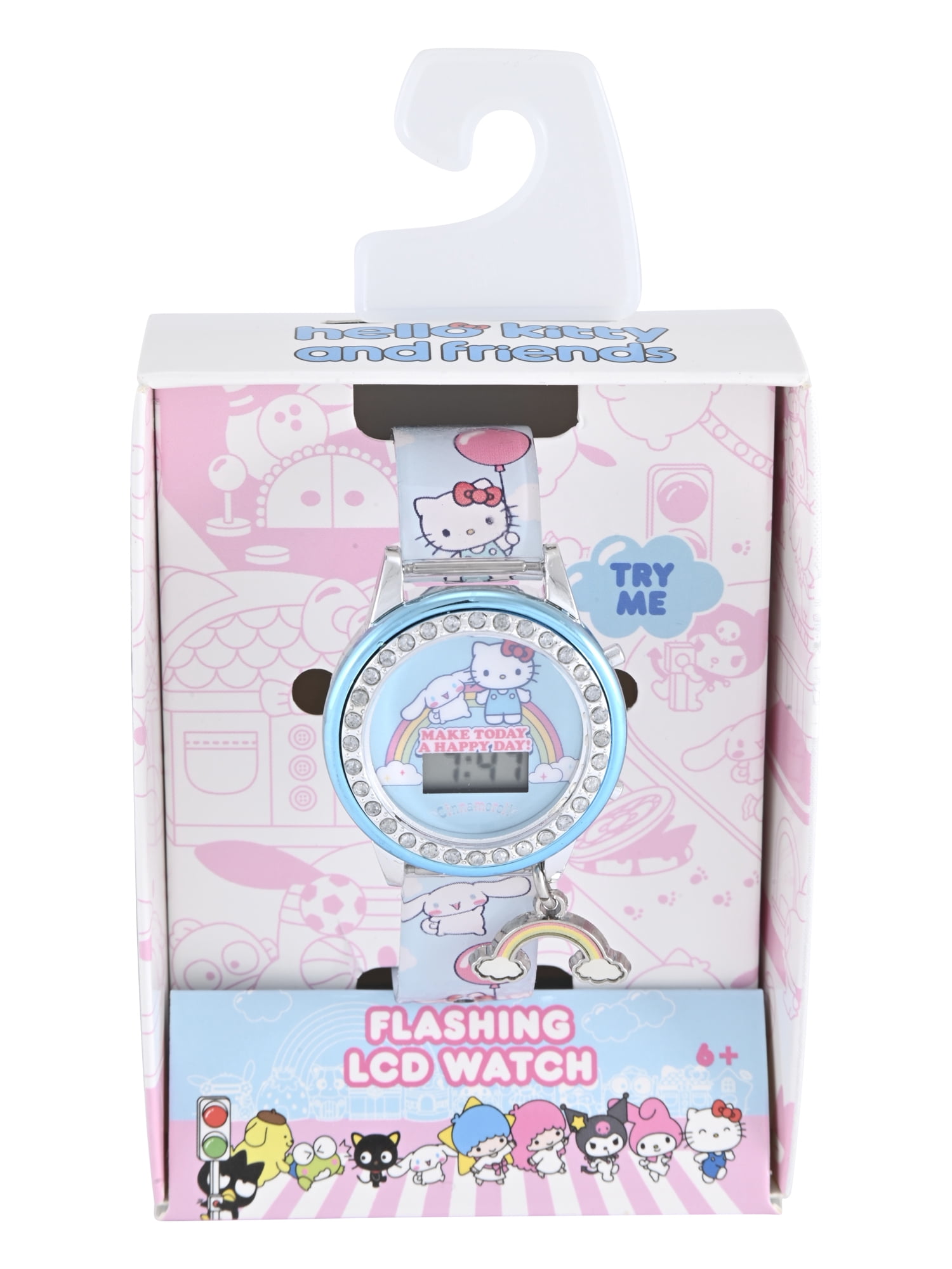 San Rio Hello Kitty and Friends Light Blue Printed Silicone Strap with Metallic Blue Case and Hanging Rainbow Charm; HK4020WM