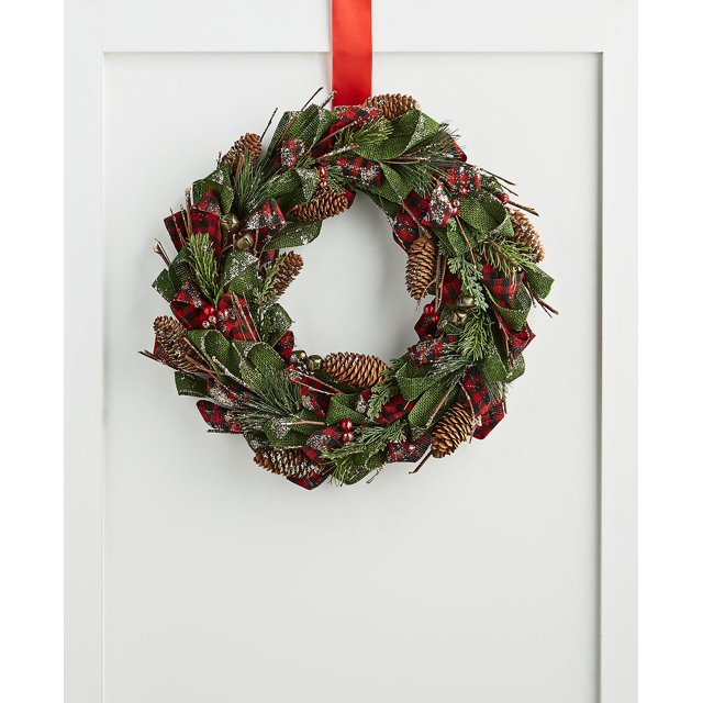 Holiday Lane Christmas Cheer Ribbon Pine Cone and Berry Wreath, Green